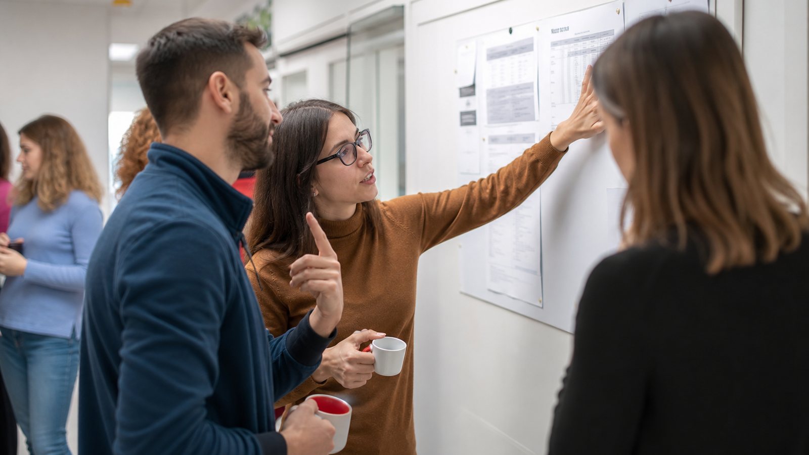 Salariés lisant les annonces du comité affichées sur un panneau dans l'entreprise